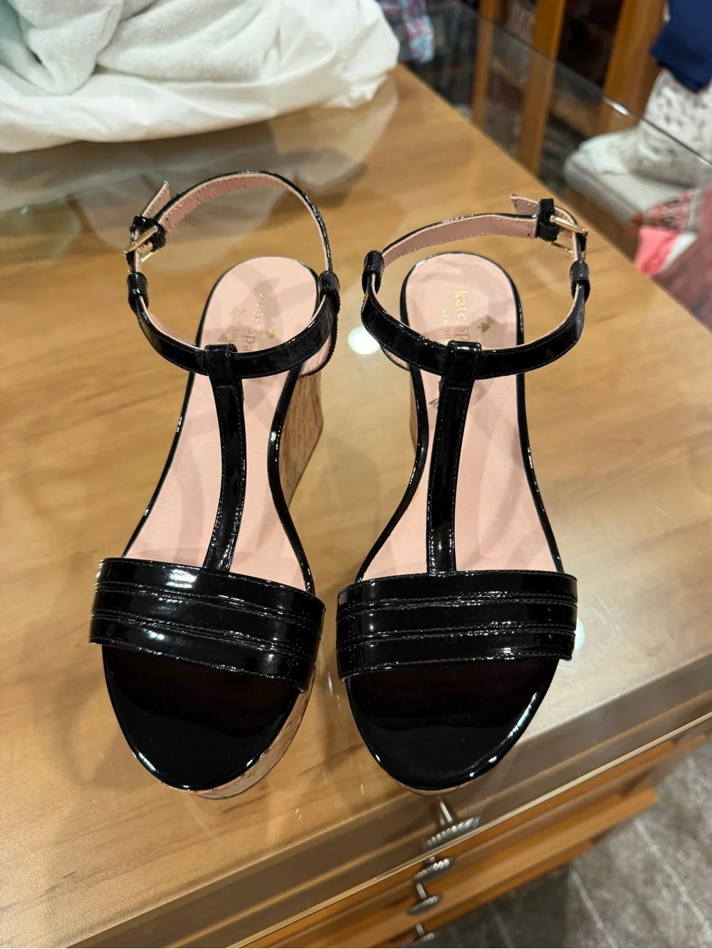 Kate Spade Tallin Black Patent Leather Cork Wedge Sandals – Size 7